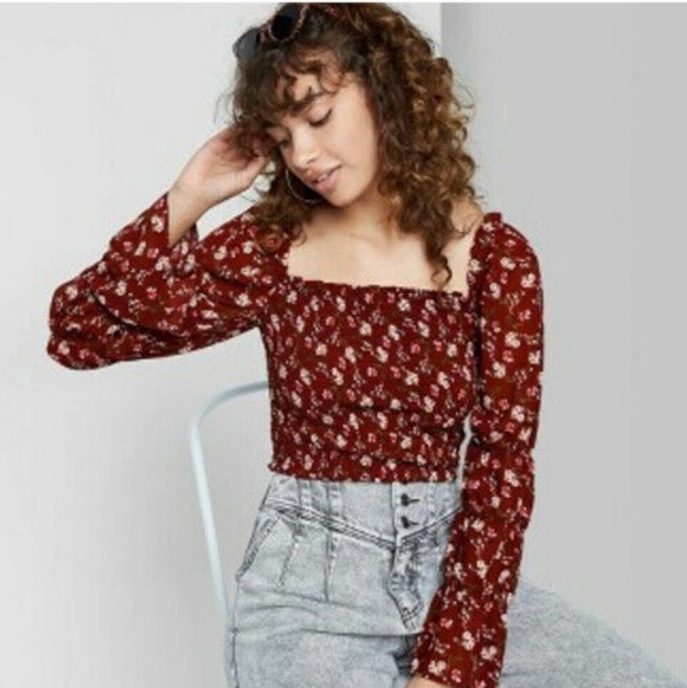 Wild Fable Womens Floral Puff Long Sleeved Cropped Top Peasant Shirt 4x